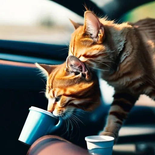 Prompt: Cat drinking coffee from a car's fuel port