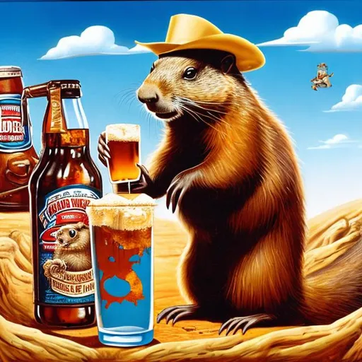 Prompt: groundhog drinking a big glass of root beer with his pals gone disastrous