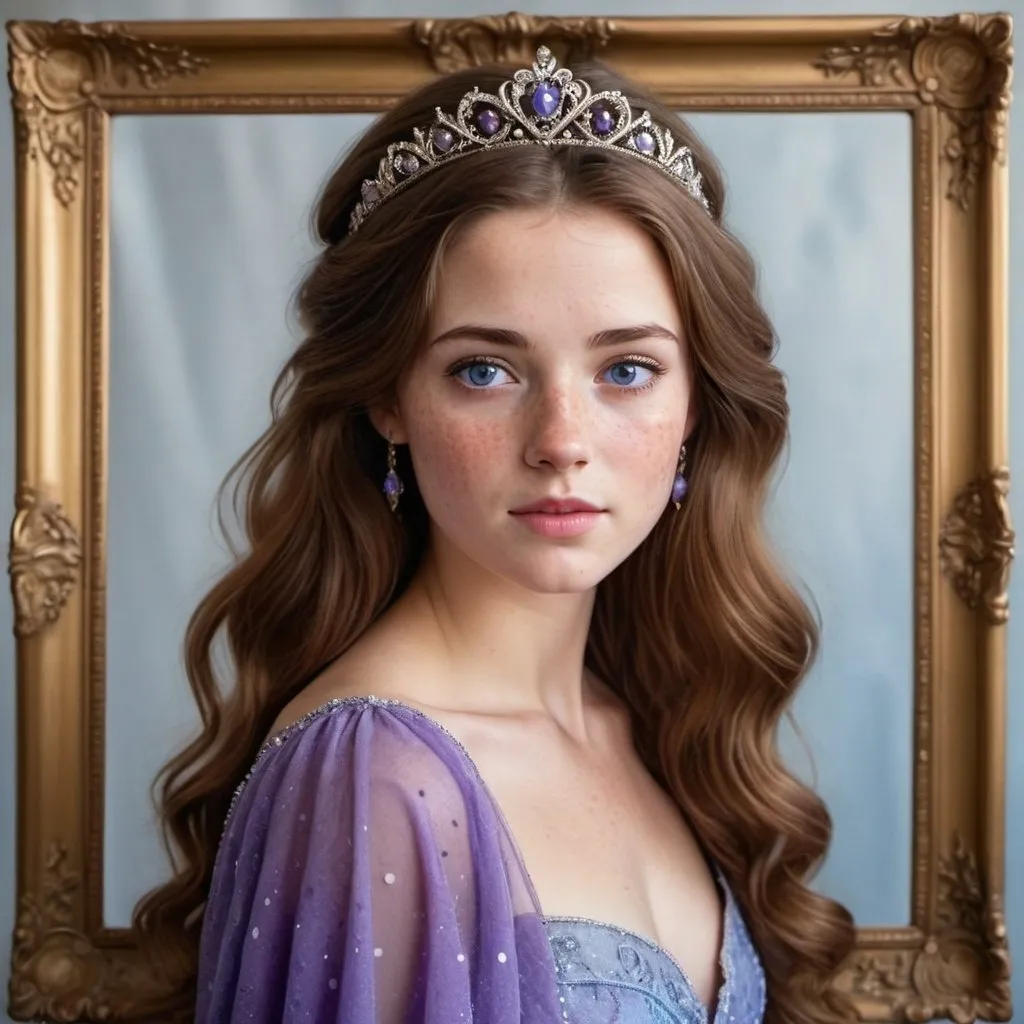 Prompt: European princess in an elegant long flowy purple gown. Brown hair, blue eyes, and many freckles dotted across her face. Princess portrait in a picture frame.