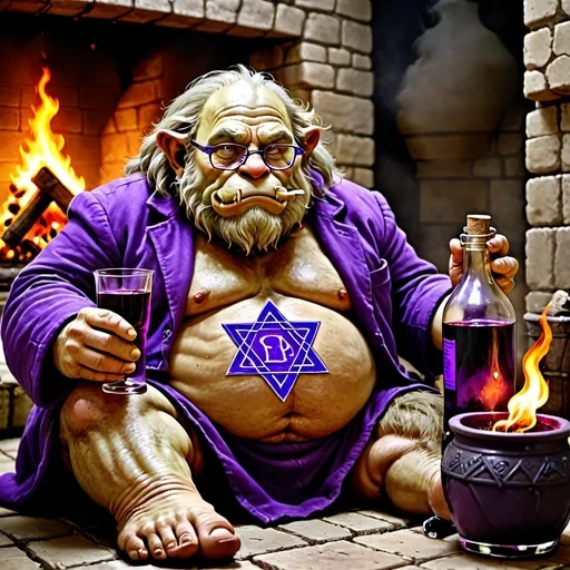 Prompt: an old ogre sitting by the fire holding a bottle of deep purple liquid, wearing glasses, magen david to his cheast and a lion lying to his feet