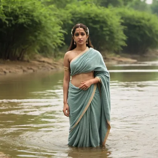 Prompt: Draupadi wearing towel while bathing with standing in the river 