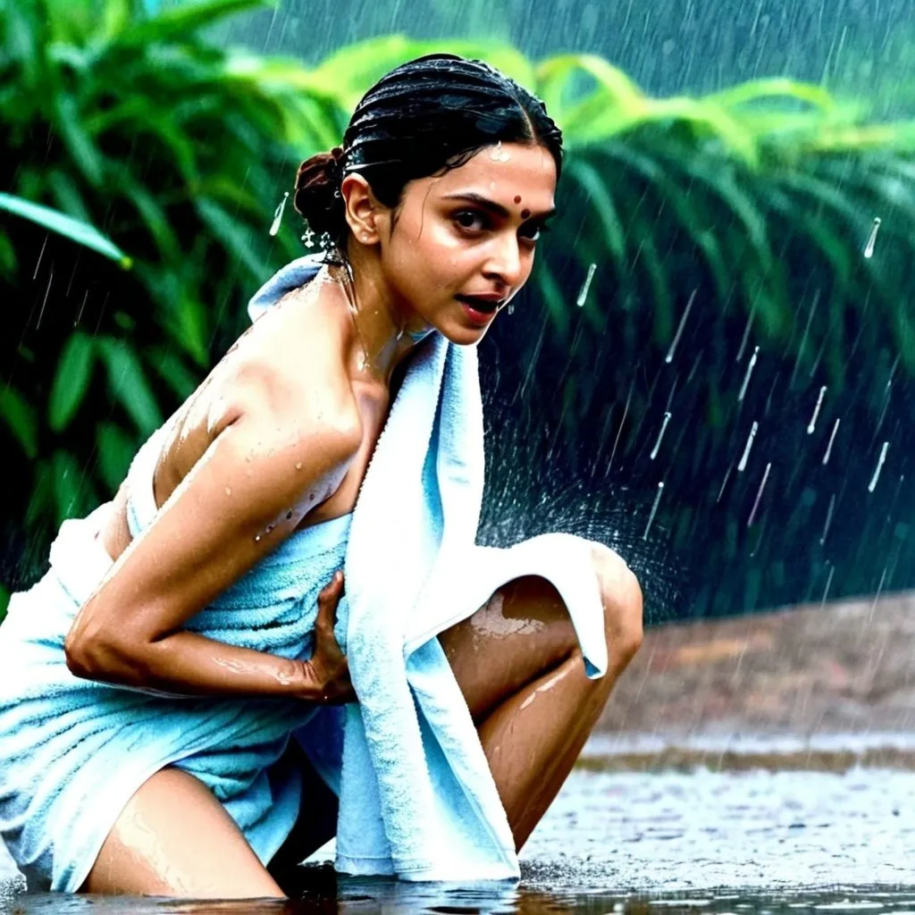 Prompt: Deepika padukone wearing towel while bathing in the rain and the towel is slipping from her body and fall on ground 