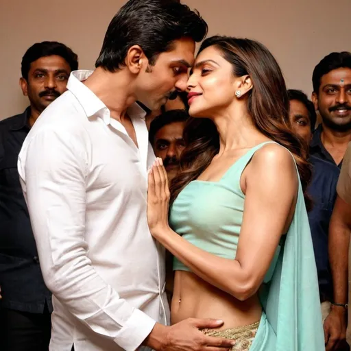 Prompt: Deepika padukone without having any clothes on body while kissing to her male fan full body look 