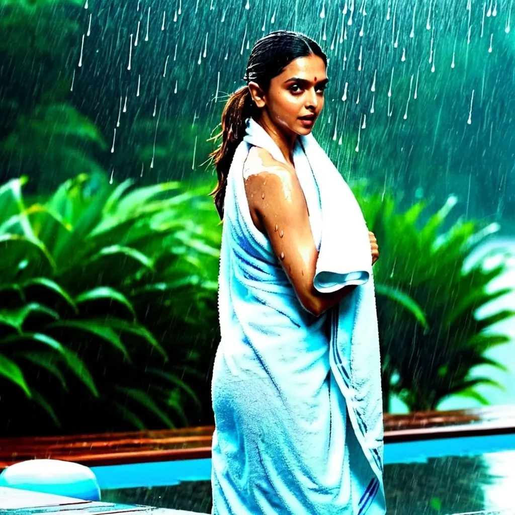 Prompt: Deepika padukone wearing towel while bathing in the rain full body look 