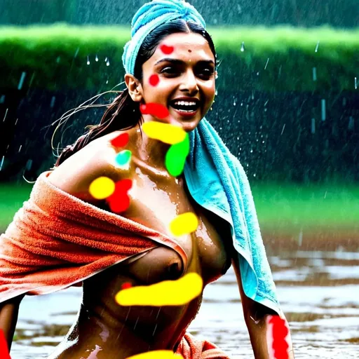 Prompt: Deepika padukone wearing towel while bathing in the rain and the towel is slipping from her body and fall on ground and his body is exposed 