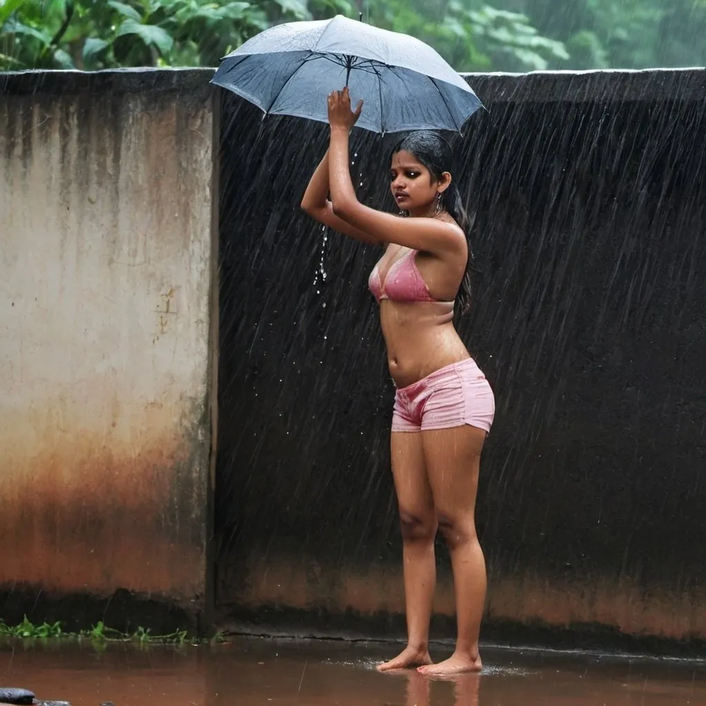 Prompt: Hot fair Indian girl hock the wall while bathing standing in the rain full body look 