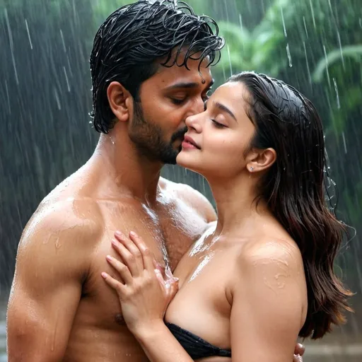 Prompt: Alia Bhatt have nothing on body while bathing in the rain and standing with 2 man touch her chest and press it and touch her private parts and kiss 