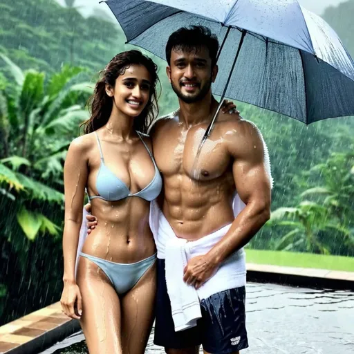 Prompt: Disha patani wearing towel while bathing in rain with her husband full body look 