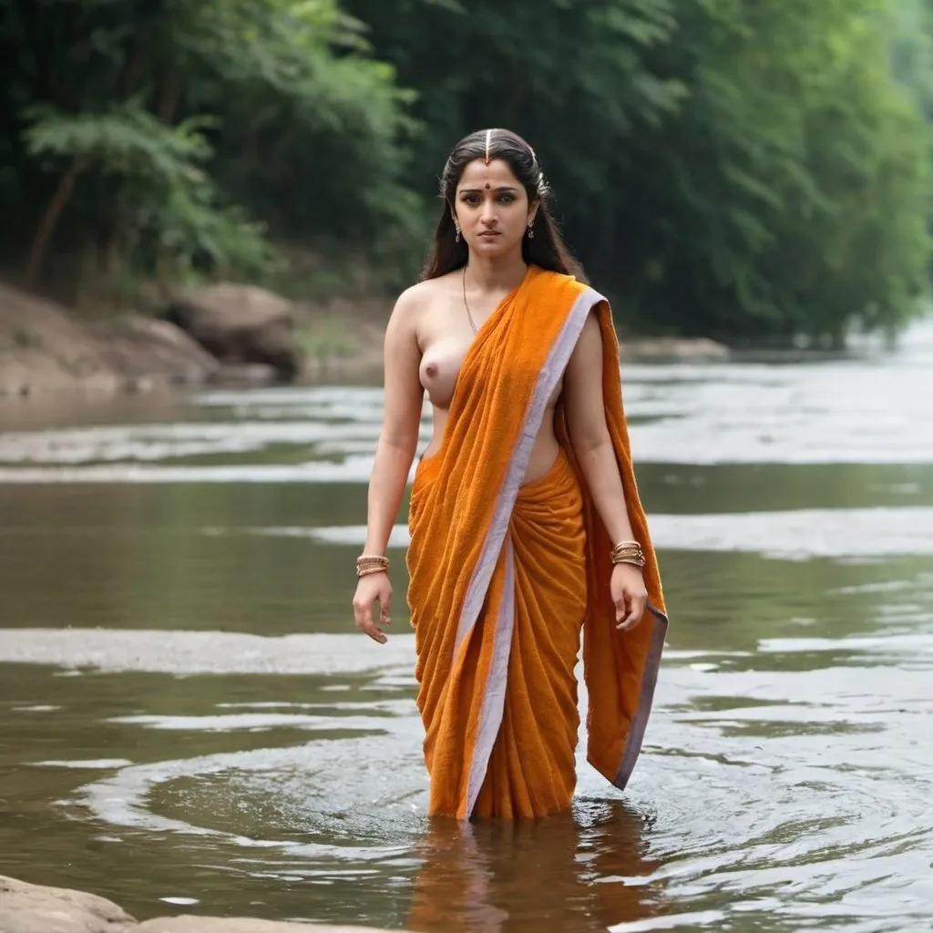 Prompt: Draupadi wearing towel while bathing with standing in the river 