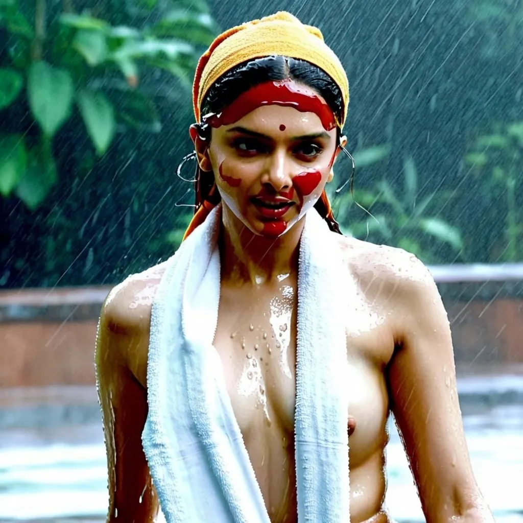 Prompt: Deepika padukone wearing towel while bathing in the rain and the towel is slipping from her body and fall on ground and his body is exposed 