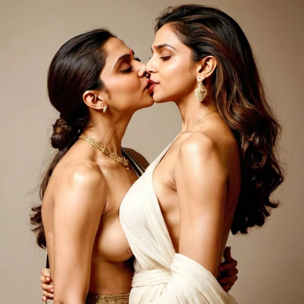 Prompt: Deepika padukone without having any clothes on body while kissing to her fan full body look 