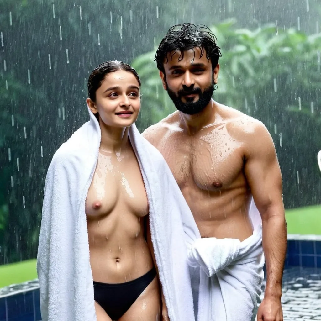 Prompt:  Alia Bhatt wearing towel while bathing in rain with her husband full body look 
