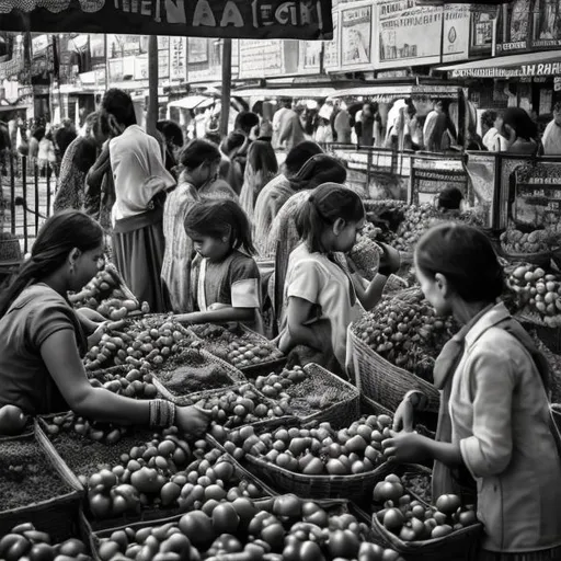 Prompt: line and pen, B&W: Visualize a bustling marketplace with vibrant colours and the aroma of ripe tomatoes filling the air. Picture them carefully selecting and arranging tomatoes, their eyes sparkling with creativity. Capture the admiration of passersby as they witness the twins' unique approach to selling tomatoes, transforming their stall into an artistic masterpiece. Show the twins' unwavering spirit and the pride of their parents, who stand beside them, supporting their dreams. Illustrate the contrast between their challenging reality and the optimism they bring, painting a powerful picture of hope, resilience, and the transformative power of intellect.