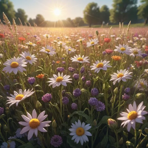 Prompt: 
"field of flowers with shining sun, trending on artstation, sharp focus, studio photo, intricate details, highly detailed, by greg rutkowski"