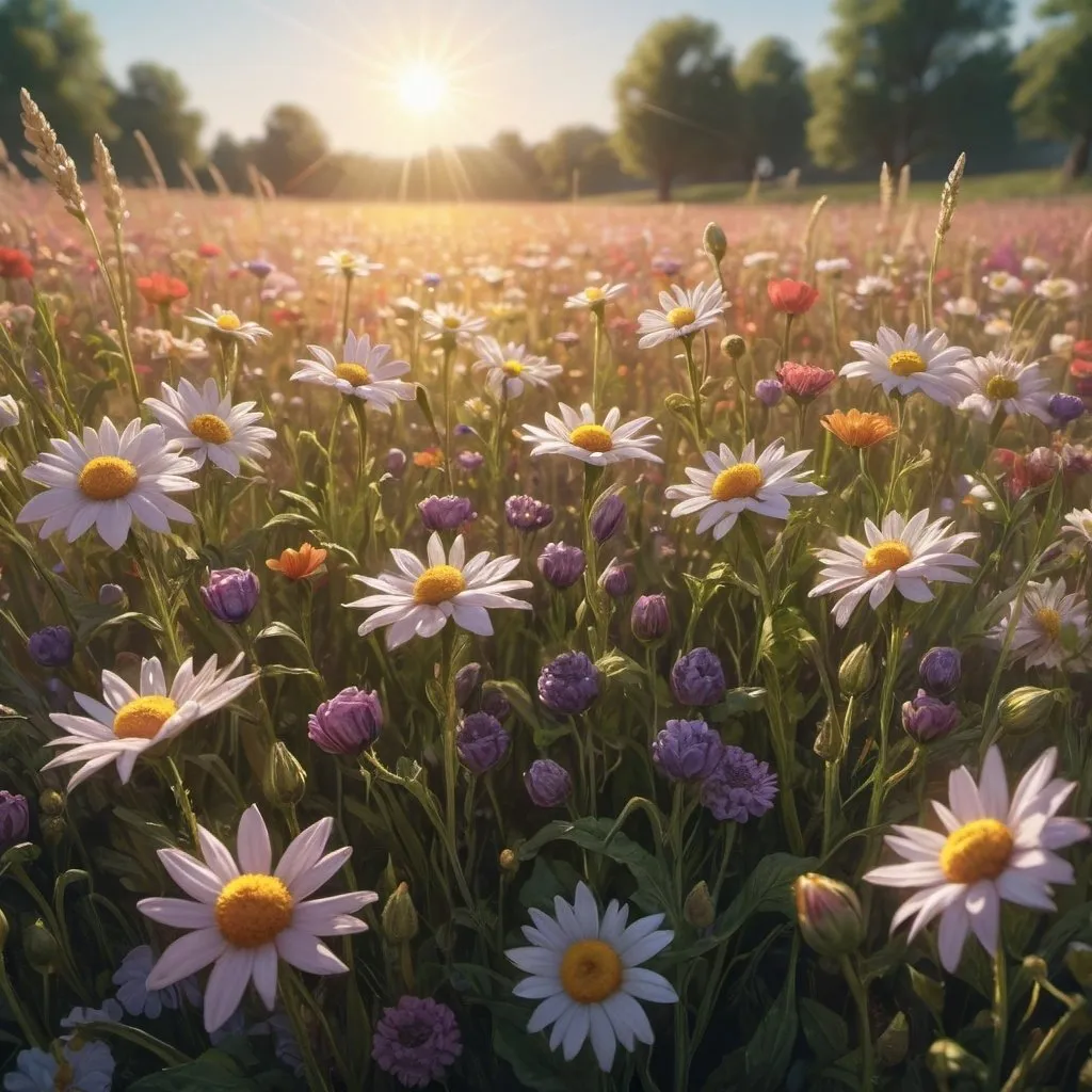 Prompt: 
"field of flowers with shining sun, trending on artstation, sharp focus, studio photo, intricate details, highly detailed, by greg rutkowski"