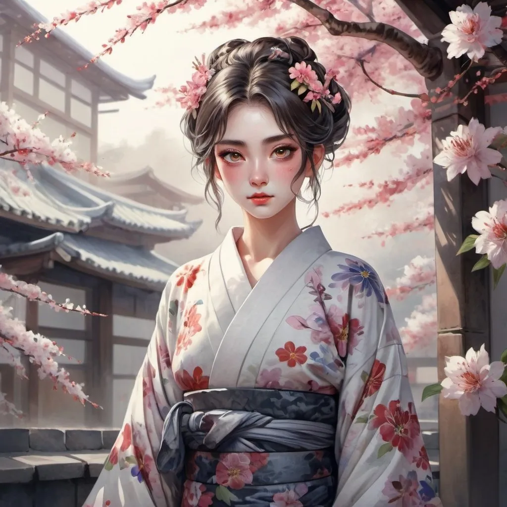 Prompt: (masterpiece, best quality), (finely detailed beautiful eyes), ((1girl)), ((solo)),(finely detailed eyes and detailed face), (beautiful and clear background), (extremely detailed CG, ultra-detailed, best shadow), ((depth of field)), ((watercolor)), (oni), (kimono), flowers and petals, beautiful concept illustration, (white background)