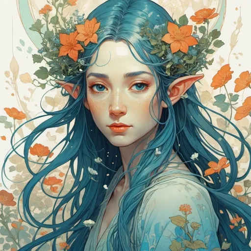 Prompt: beautiful cute front portrait of an elvish deity, long hair in motion, herbs and blue pastel colors, flowers orange by victo ngai, kilian eng, dynamic lighting, digital art, art by james jean, takato yamamoto, inkpunk minimalism