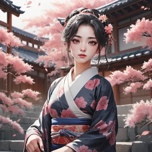 Prompt: (masterpiece, best quality), (finely detailed beautiful eyes), ((1girl)), ((solo)),(finely detailed eyes and detailed face), (beautiful and clear background), (extremely detailed CG, ultra-detailed, best shadow), ((depth of field)), ((watercolor)), (oni), (kimono), flowers and petals, beautiful concept illustration, (white background), bruh inc strokes, manhwa style