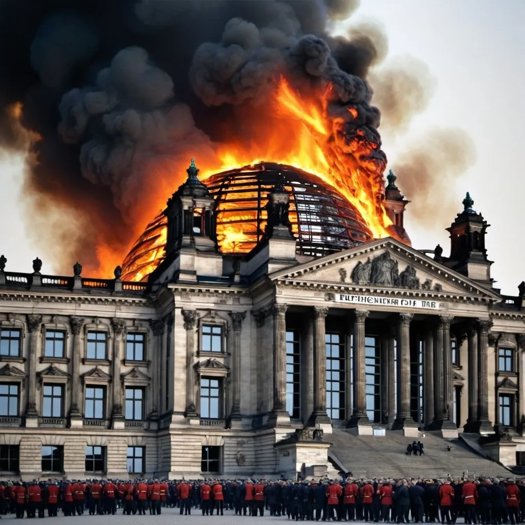 Prompt: Reichstag fire dramatic, make it look historical and authentic like the original picture of the fire.