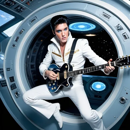 Prompt: Blue-eyed Elvis Presley in Hyperfuturistic white  jumpsuit, floating upside down,  in zero gravity, passionately playing electric futuristic guitar,  in a Hyperfuturistic spaceship cockpit bay are with Cosmos out the window