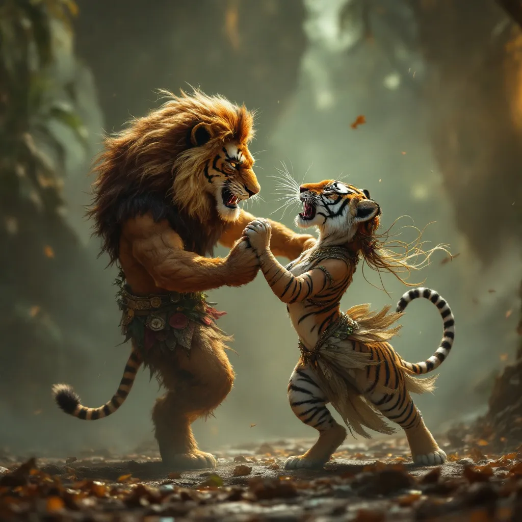 Prompt: `icreate  image; lion king  'tiger  wife  dancing




