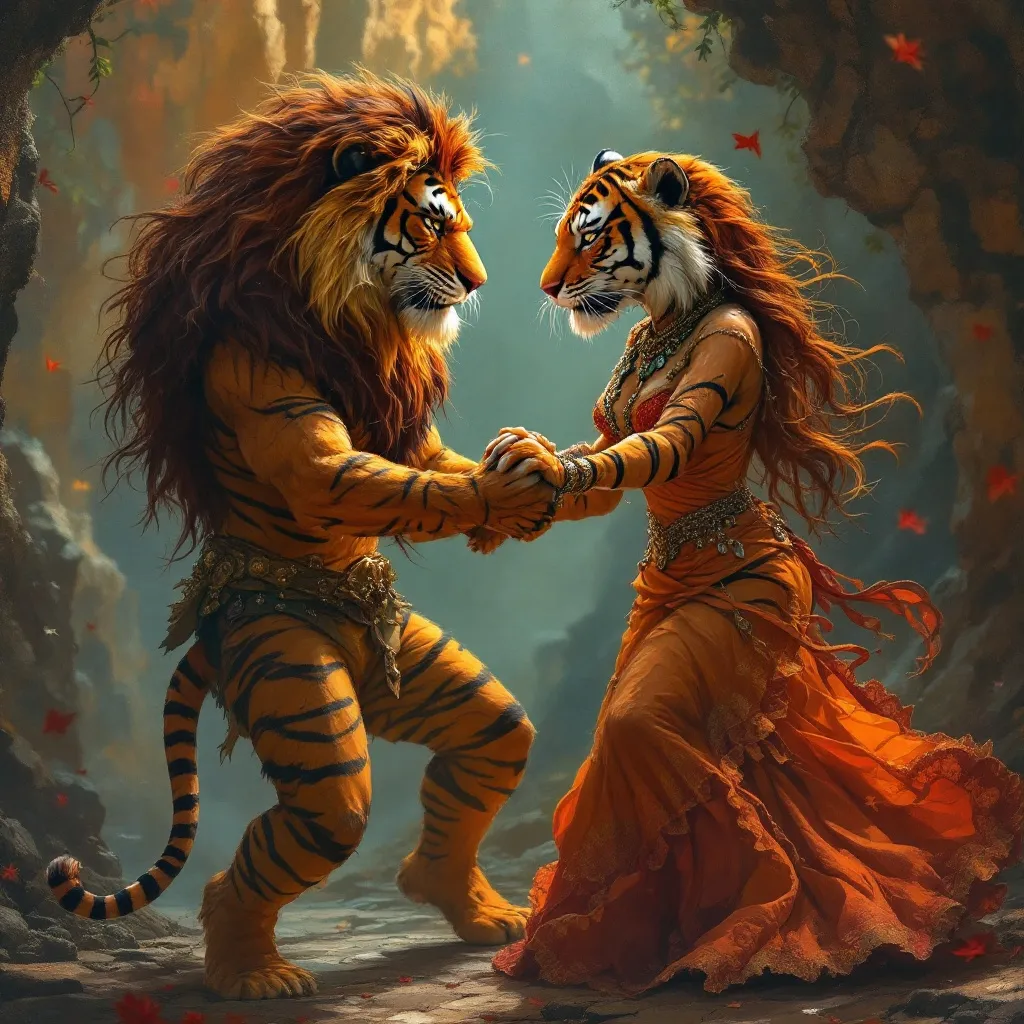 Prompt: `icreate  image; lion king  'tiger  wife  dancing





