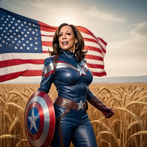 Prompt: (Kamala Harris dressed as Captain America), triumphant pose, majestic stance, dramatic soft studio lighting, large waving American flag, American field of wheat in background, vibrant colors, symbolizing empowerment and victory, exquisite details on the porcelain finish, high quality 4K, capturing strength and determination, iconic representation of heroism, Americana, (standing next to Donald Trump as The Joker), 50's editorial color illustration, pulp style