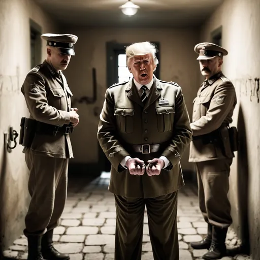 Prompt: old German country prison, Donald Trump posing as a prisoner of war, looking scared, in handcuffs, WW1 military uniform, angry  prison guards on either side, captured with soft focus and muted colors typical of early film photography