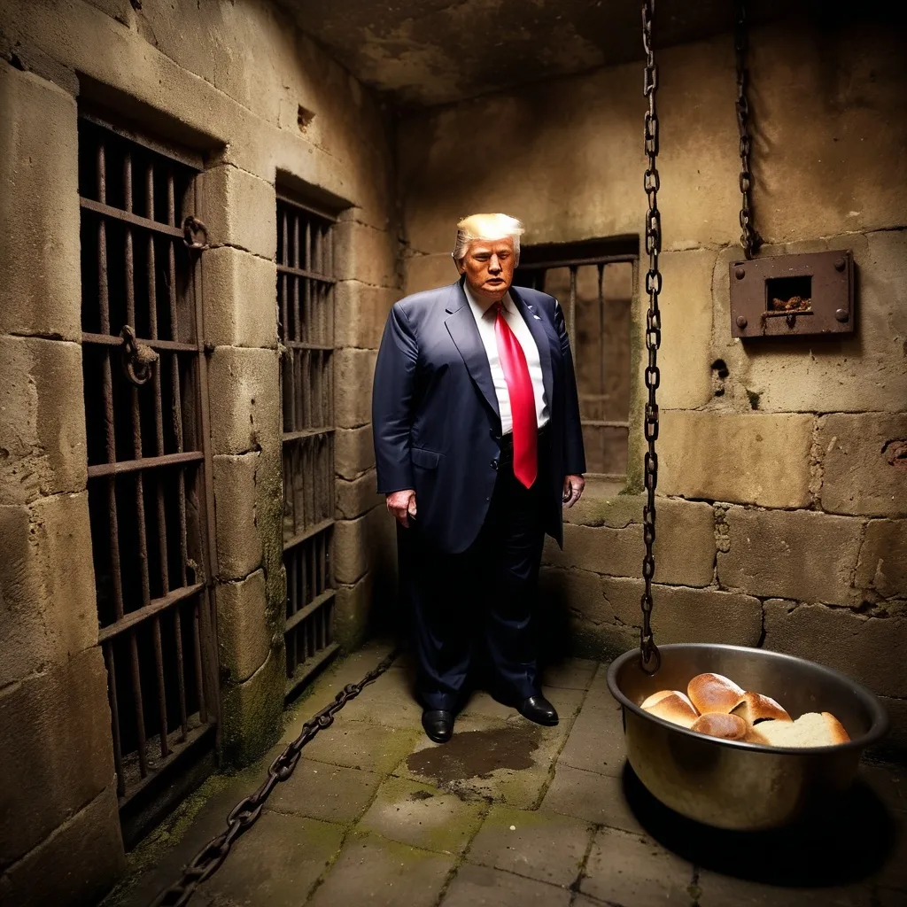 Prompt: old french prison, (very obese old  Donald Trump) hanging by heavy iron chains, dark dungeon, ragged brown (burlap diaper), (sad expression), very rough wet mossy stone walls and iron bars, light from small window with iron bars, rats on floor, metal bowl with bread and food scraps, captured with soft focus, muted colors, reminiscent of early film photography, (moody atmosphere), evocative ambiance, historically inspired background, (4K detail), vintage processing, aged texture, cinematic vibes.