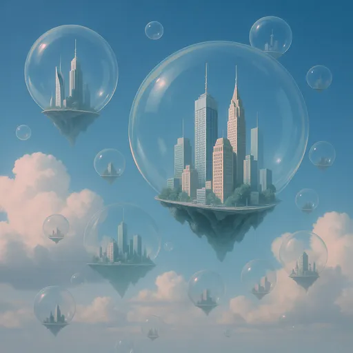 Prompt: Surrealism style: A city where the buildings are floating in bubbles, drifting through the air.
Surrealism style: A city where the buildings are floating in bubbles, drifting through the air.