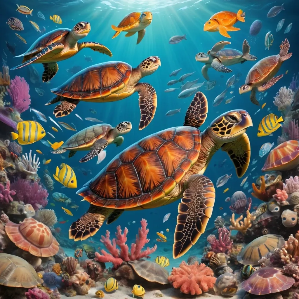 Prompt: A turtle with different types of sea creatures surrounding it