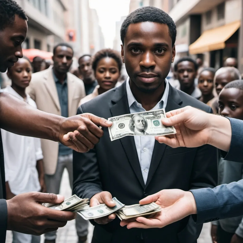 Prompt: Ai picture of a black man giving people money by holding money with his hand and the people collecting money from him with their hands and another picture showing the place the black man that gives money is begging 