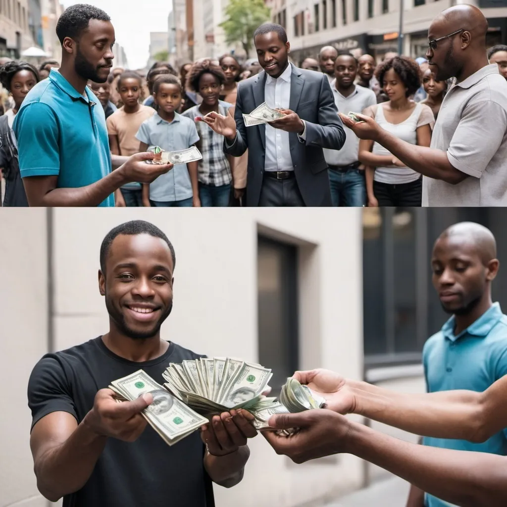 Prompt: Ai picture of a black man giving people money by holding money with his hand and the people collecting money from him with their hands and another picture showing the place the black man that gives money is begging 