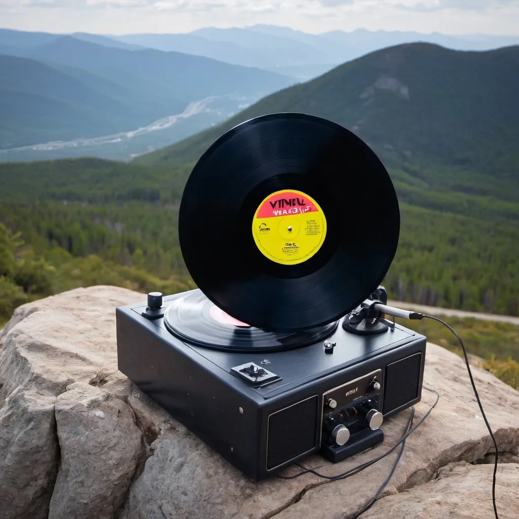 Prompt: vinyl on a mountain
