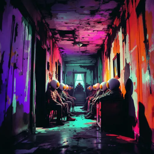 Prompt: surrealism style, a haunted manor transformed into a squat, vivid and vibrant color scheme, shadows deepening along eerie hallways, unsettling atmosphere, homeless individuals with head resembling fried eggs placed in perfect circles, eerie reversed human mouths expressing desperation, mix of decay and vibrant color washing over the scene, ultra-detailed, high-definition, dreamlike surreal elements creating a haunting yet captivating visual.