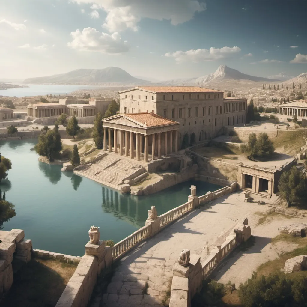 Prompt: kingdom with Ancient Greece architecture. A lot of building. A lake. historic atmosphere