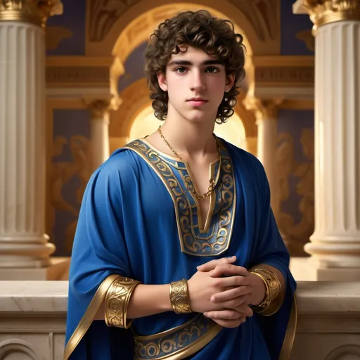 Prompt: (Young man from ancient Greece), brown eyes, black eyes, curly hair, handsome features, age 20, wearing a detailed (vibrant blue and gold tunic) with intricate patterns, ornate gold bracelet, historic atmosphere, set against a classical Greek backdrop, warm golden lighting, serene ambiance, ultra-detailed, high-quality portrait, showcasing the charm and elegance of ancient culture. cartoon style