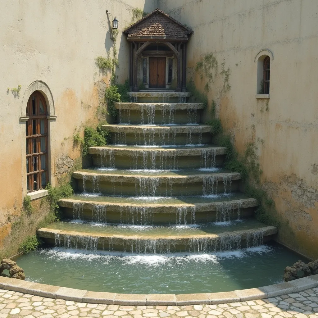 Prompt: A triangular fountain in the corner of the wall, with water flowing down several floors from above, and containing a cottage and a water mill.