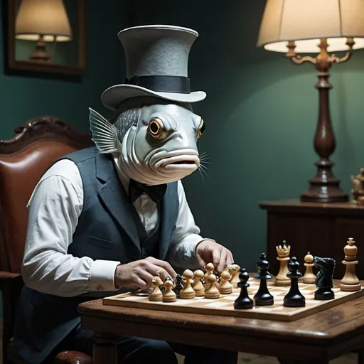 Prompt: fish gentleman playing chess