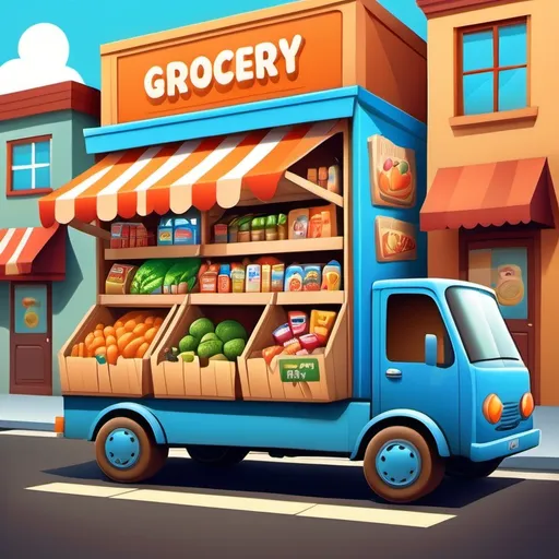 Prompt: a funny cartoon grocery store in a truck