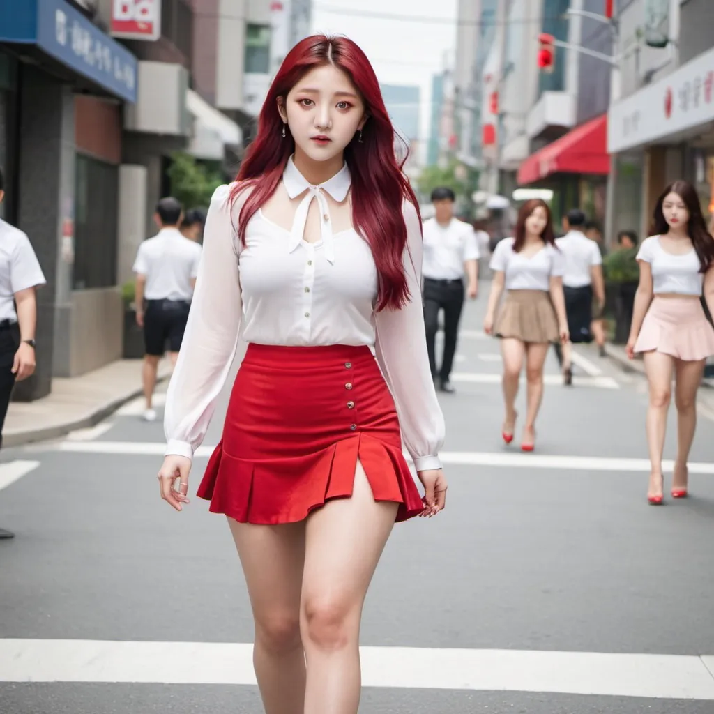 Prompt: Odd Eye Circle singer Choerry in delicate white blouse, red mini-skirt, high heels, walking down city street