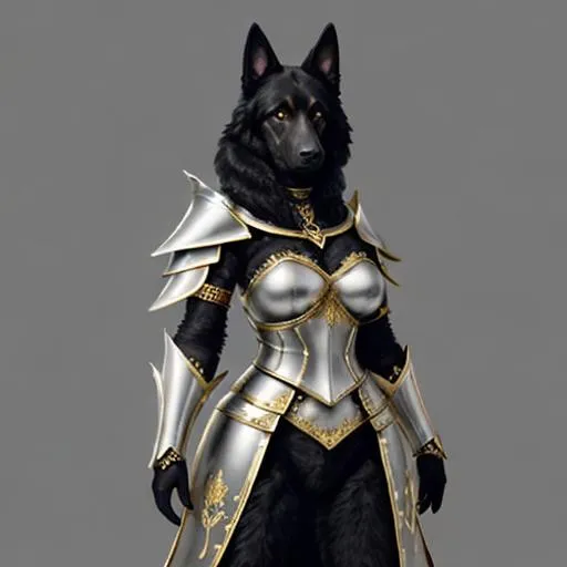 Prompt: a black german shepherd dogwoman wearing a beautiful gold and silver elfen armor