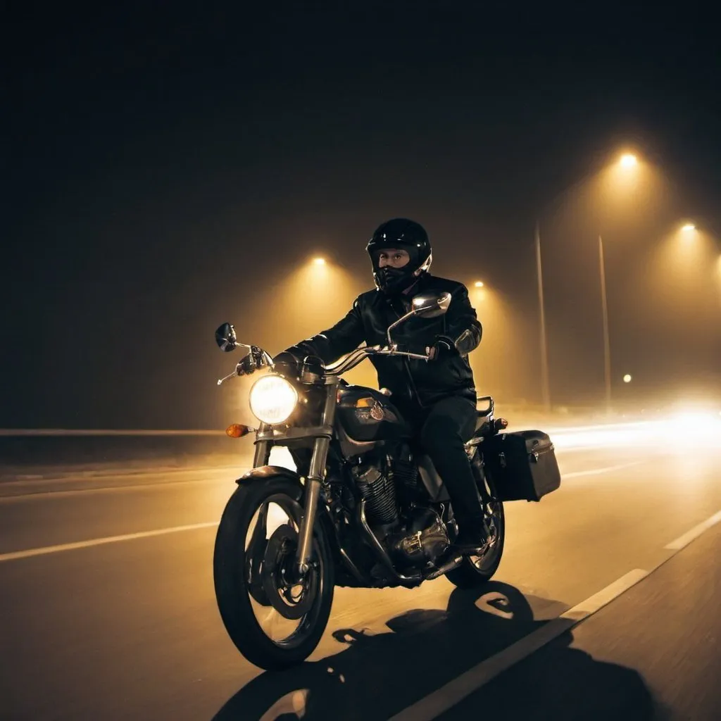 Prompt: A biker drives in the night