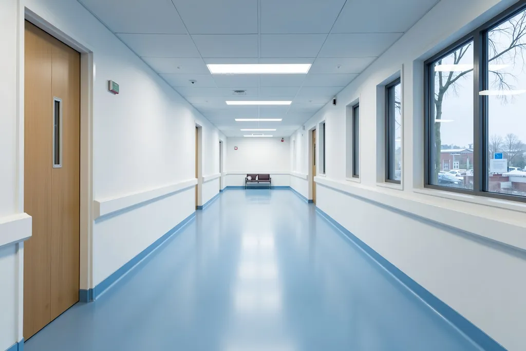 Prompt: UK hospital, NHS Hospital hallway, hospital open area, windows, natural light