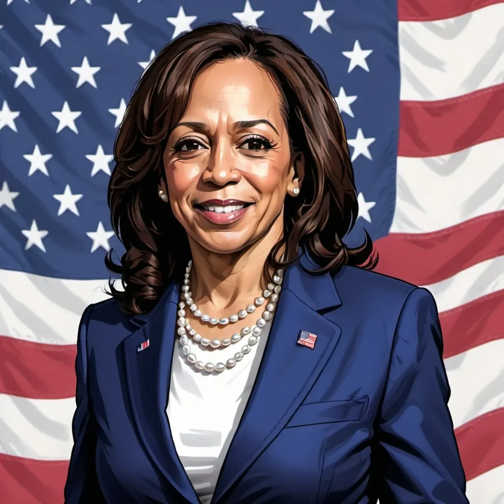 Prompt: kamala harris in blue suit with white pearl necklace behind american flag
this is a digital illustration portrait