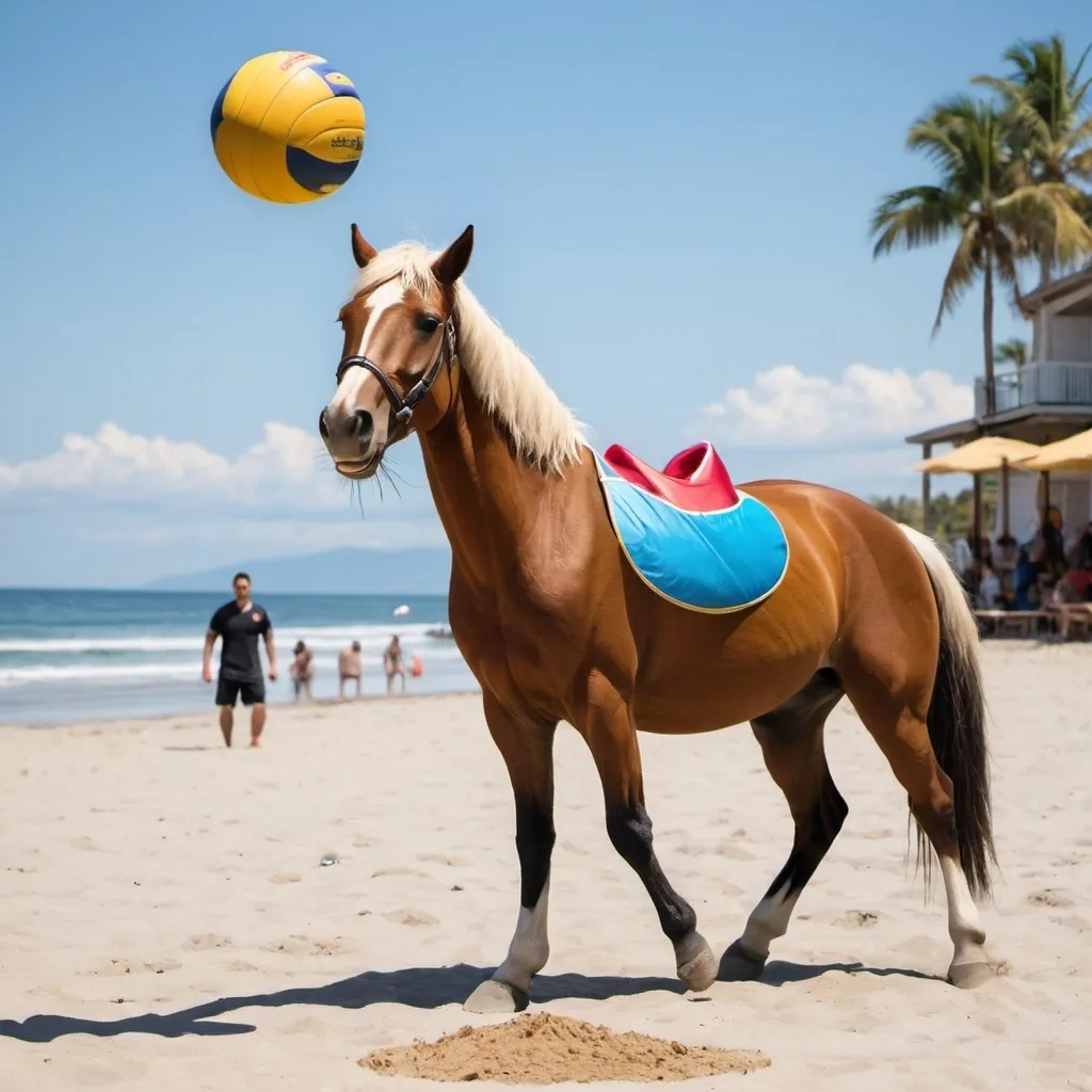 Prompt: A horse playing volleyball at the beach eating pupusas