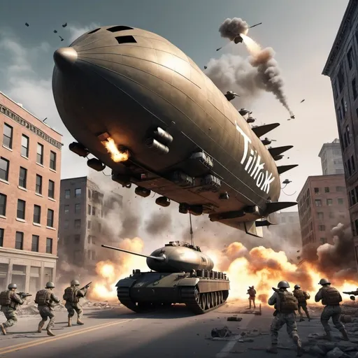 Prompt: Airship with Tik Tok logo, United States military shooting, bombed city, dancing people, attacking tanks, soldiers with RPGs, intense action, realistic 3D rendering, explosive effects, chaotic scene, high quality, action-packed, military, warfare, urban setting, dramatic lighting