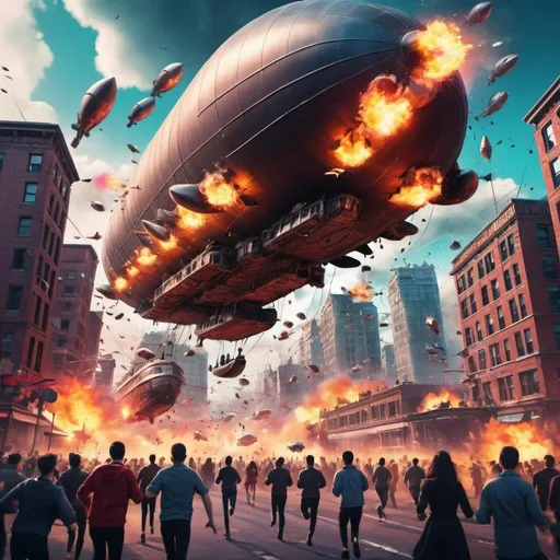 Prompt: TikTok-themed digital illustration of a city invasion, airships, explosions in the background, people running in panic, dancing figures aboard airships, TikTok logo on airships, chaotic atmosphere, dynamic movement, highres, detailed urban setting, vibrant colors, explosive effects, futuristic airships, dramatic lighting, action-packed composition, city invasion, digital art, dynamic poses, chaotic atmosphere, explosive effects, futuristic technology, vibrant colors, dramatic lighting