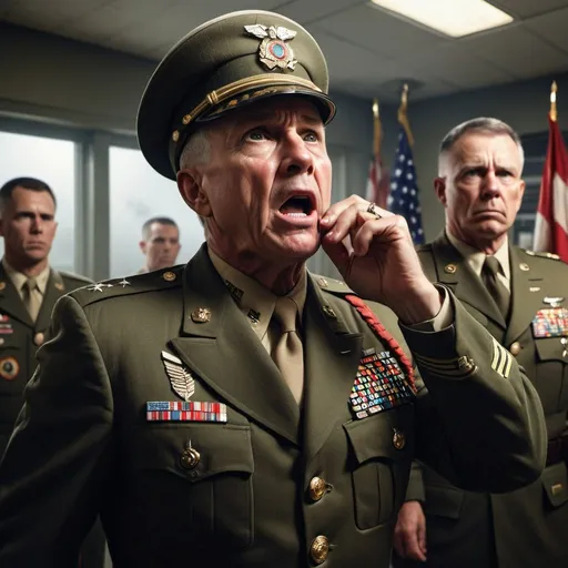 Prompt: Military general pressing nuclear button, American flag background, medals, red alarms, panicking soldiers, nuclear aftermath, highres, detailed, realistic, military, intense lighting, dramatic, panic, nuclear war, American flag, medals, red alarms, military officers, intense gaze, intense atmosphere, urgent, high-stakes, tension, crisis