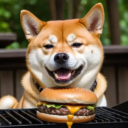 Prompt: Shiba inu getting grilled and turned into a burger
